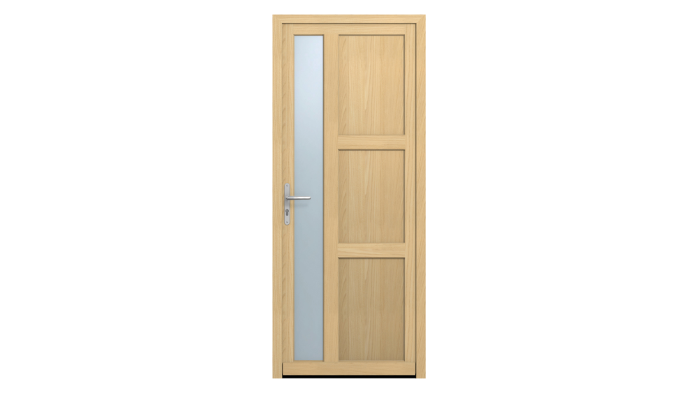 Porte d'entrée bois GRAPHIK 1 Porte d'entrée en bois clair avec rectangle vertical vitré ainsi que 3 carrés pleins en bois